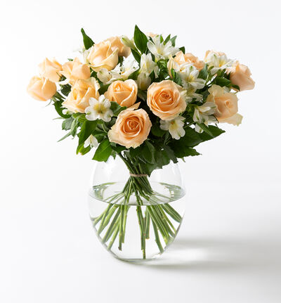 Fersken roser med hvit alstroemeria Fersken roser med hvit alstroemeria